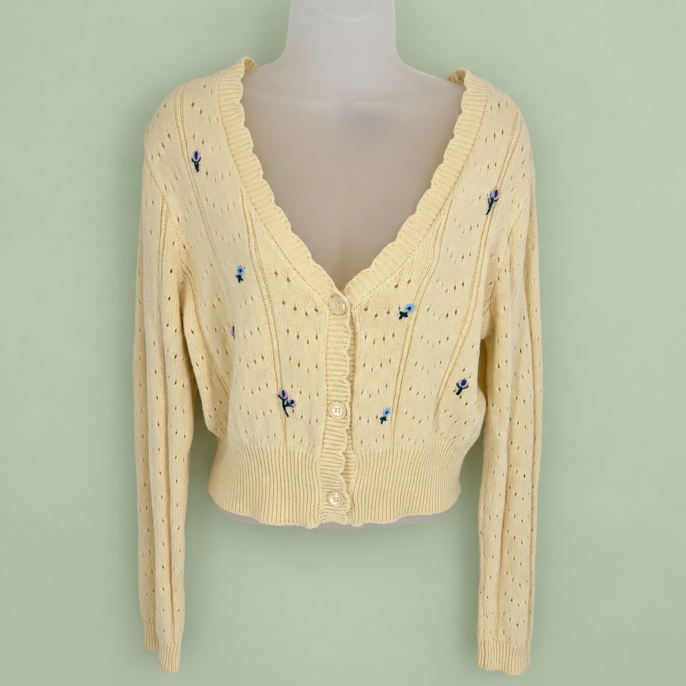 Witty Fox Cardigan Women S Yellow Pointelle Floral Embroidered Cropped Cottage